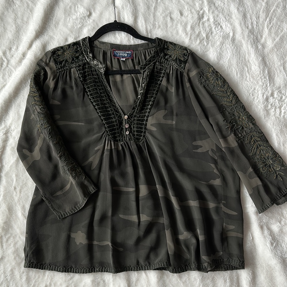 Johnny Was Silk Camo Blouse